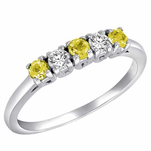 18K White Gold Round 5 Stone Diamond and Lemon Quartz Band Ring (2/5 cttw)