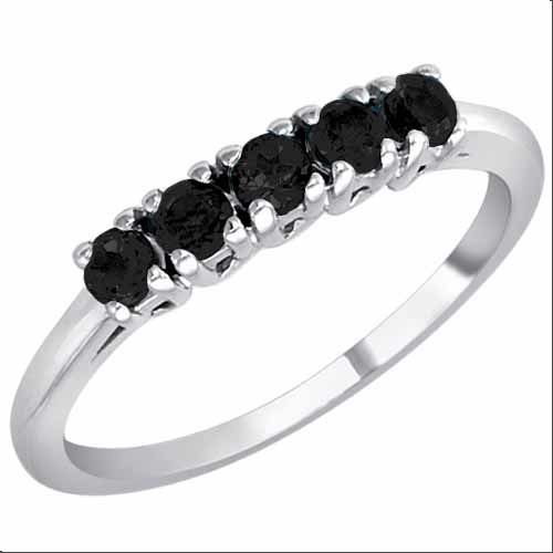 Platinum Round 5 Stone Onyx Band Ring (2/5 cttw)