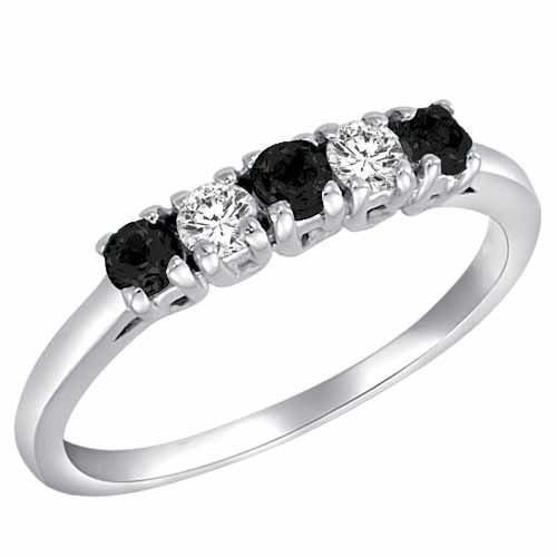 18K White Gold Round 5 Stone Diamond and Onyx Band Ring (2/5 cttw)