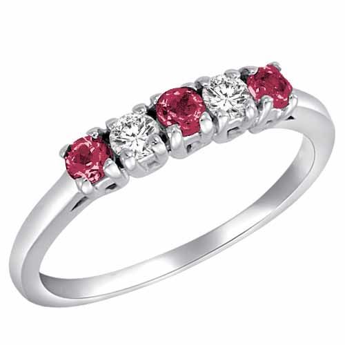 14K White Gold Round 5 Stone Diamond and Pink Tourmaline Band Ring (2/5 cttw)