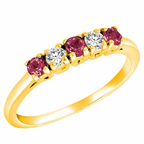 18K Yellow Gold Round 5 Stone Diamond and Pink Tourmaline Band Ring (2/5 cttw)