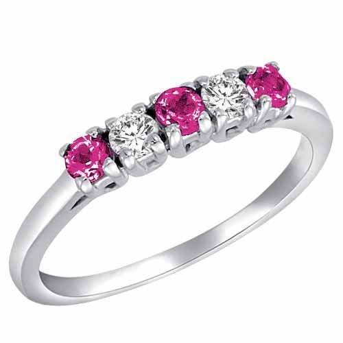10K White Gold Round 5 Stone Diamond and Pink Topaz Band Ring (2/5 cttw)