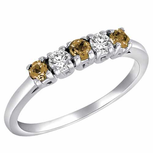 18K White Gold Round 5 Stone Diamond and Smoky Quartz Band Ring (2/5 cttw)
