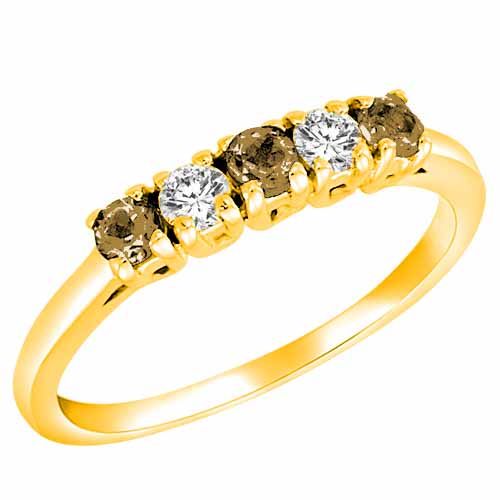 14K Yellow Gold Round 5 Stone Diamond and Smoky Quartz Band Ring (2/5 cttw)