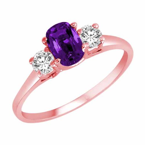 14K Rose Gold 3 Stone Cushion Amethyst and Round Diamond Ring (0.45 cttw)