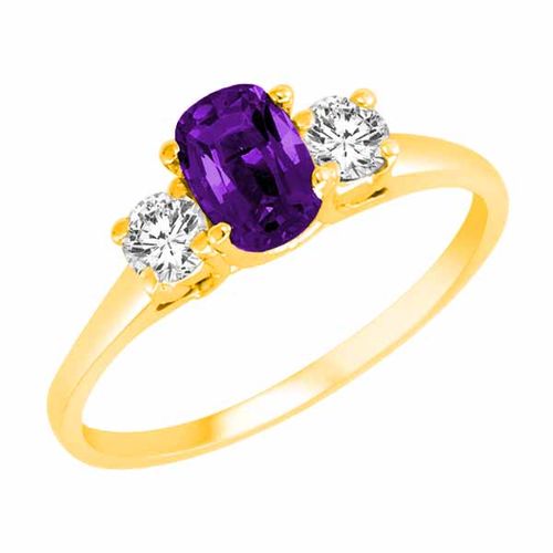 14K Yellow Gold 3 Stone Cushion Amethyst and Round Diamond Ring (0.45 cttw)