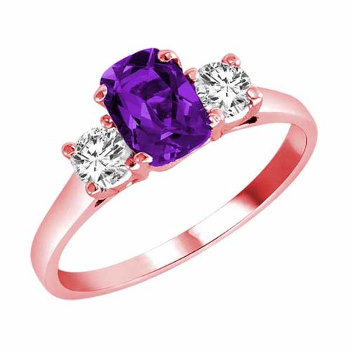 14K Rose Gold 3 Stone Cushion Amethyst and Round Diamond Ring (0.95 cttw)