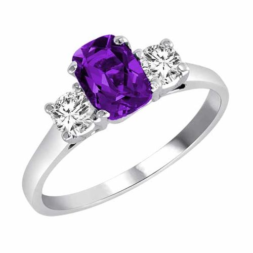 18K White Gold 3 Stone Cushion Amethyst and Round Diamond Ring (0.95 cttw)