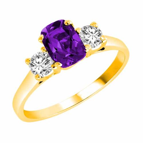 18K Yellow Gold 3 Stone Cushion Amethyst and Round Diamond Ring (0.95 cttw)