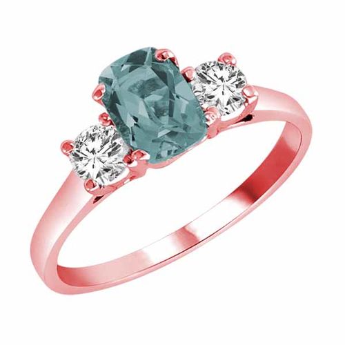 10K Rose Gold 3 Stone Cushion Aquamarine and Round Diamond Ring (0.95 cttw)