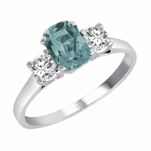 Sterling Silver 3 Stone Cushion Aquamarine and Round Diamond Ring (0.95 cttw)
