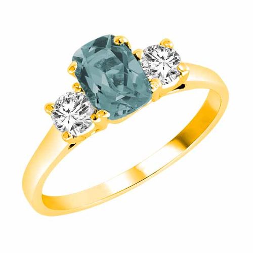 18K Yellow Gold 3 Stone Cushion Aquamarine and Round Diamond Ring (0.95 cttw)