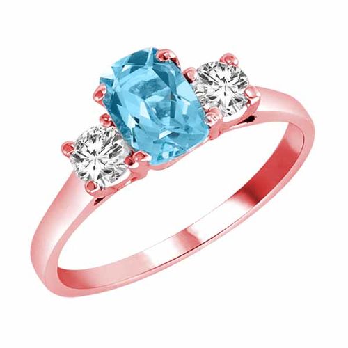 10K Rose Gold 3 Stone Cushion Blue Topaz and Round Diamond Ring (0.95 cttw)