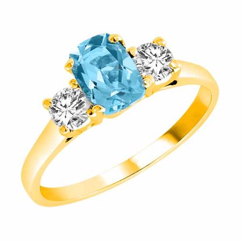 10K Yellow Gold 3 Stone Cushion Blue Topaz and Round Diamond Ring (0.95 cttw)