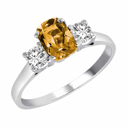 10K White Gold 3 Stone Cushion Citrine and Round Diamond Ring (0.95 cttw)