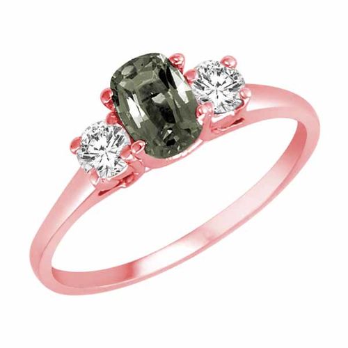 10K Rose Gold 3 Stone Cushion Green Amethyst and Round Diamond Ring (0.45 cttw)