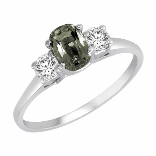 10K White Gold 3 Stone Cushion Green Amethyst and Round Diamond Ring (0.45 cttw)