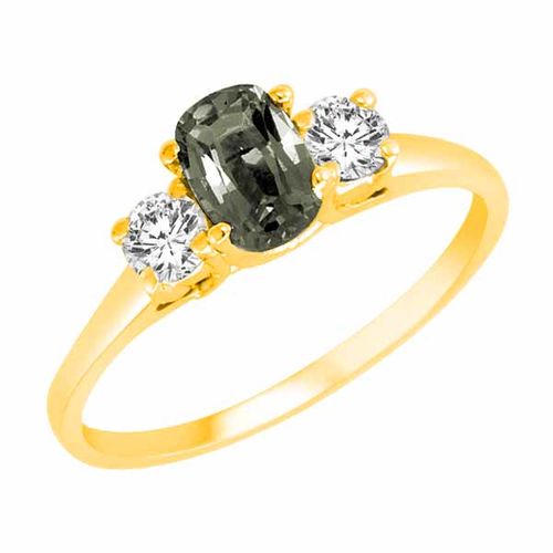 14K Yellow Gold 3 Stone Cushion Green Amethyst and Round Diamond Ring (0.45 cttw)