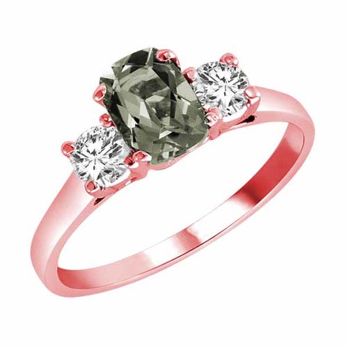 14K Rose Gold 3 Stone Cushion Green Amethyst and Round Diamond Ring (0.95 cttw)