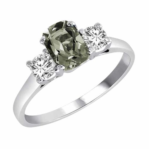 10K White Gold 3 Stone Cushion Green Amethyst and Round Diamond Ring (0.95 cttw)