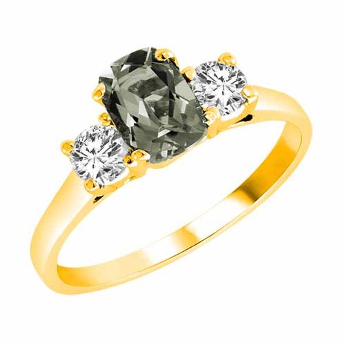 10K Yellow Gold 3 Stone Cushion Green Amethyst and Round Diamond Ring (0.95 cttw)