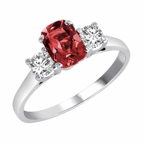 Sterling Silver 3 Stone Cushion Garnet and Round Diamond Ring (0.95 cttw)