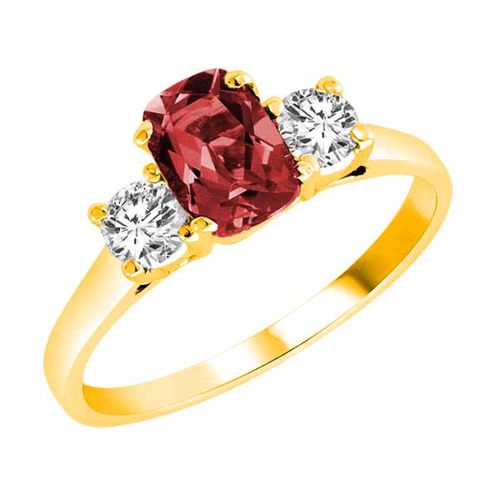 18K Yellow Gold 3 Stone Cushion Garnet and Round Diamond Ring (0.95 cttw)