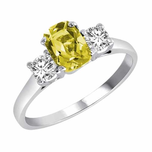Sterling Silver 3 Stone Cushion Lemon Quartz and Round Diamond Ring (0.95 cttw)