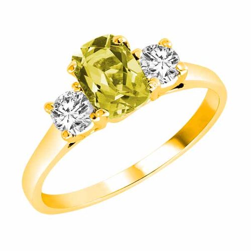 18K Yellow Gold 3 Stone Cushion Lemon Quartz and Round Diamond Ring (0.95 cttw)