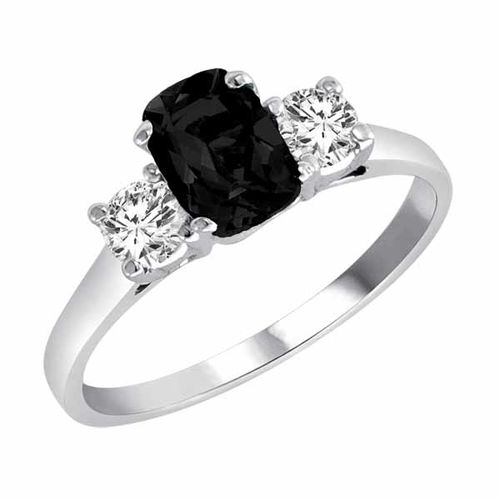10K White Gold 3 Stone Cushion Onyx and Round Diamond Ring (0.95 cttw)
