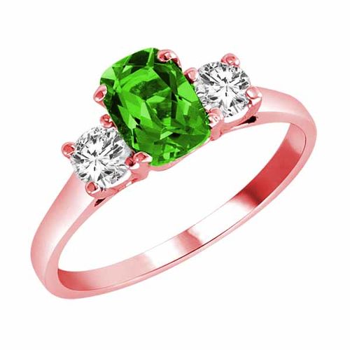 14K Rose Gold 3 Stone Cushion Peridot and Round Diamond Ring (0.95 cttw)