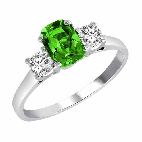 Sterling Silver 3 Stone Cushion Peridot and Round Diamond Ring (0.95 cttw)