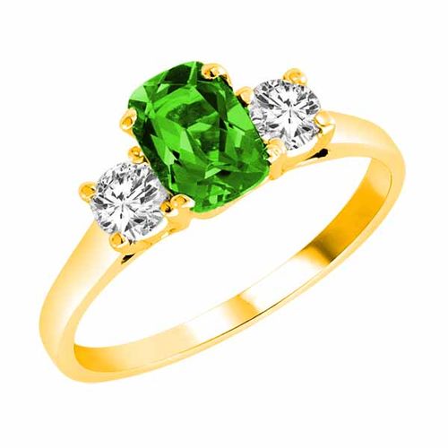 10K Yellow Gold 3 Stone Cushion Peridot and Round Diamond Ring (0.95 cttw)