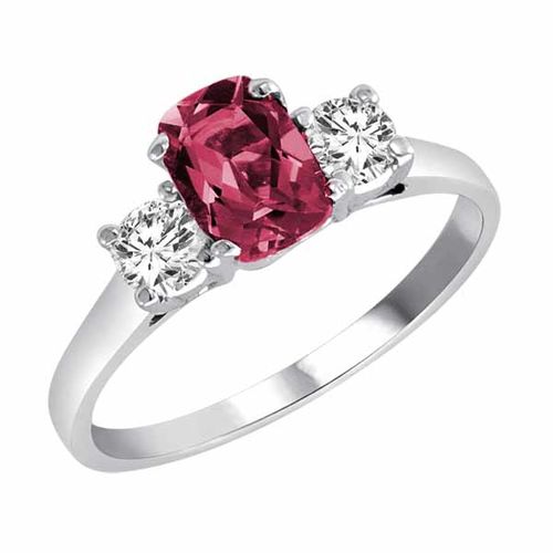 10K White Gold 3 Stone Cushion Pink Tourmaline and Round Diamond Ring (0.95 cttw)