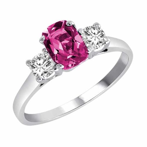 Platinum 3 Stone Cushion Pink Topaz and Round Diamond Ring (0.95 cttw)