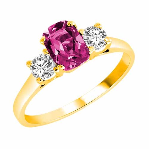 18K Yellow Gold 3 Stone Cushion Pink Topaz and Round Diamond Ring (0.95 cttw)