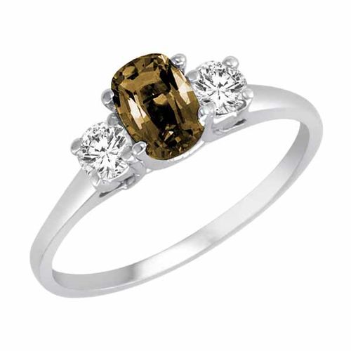 Platinum 3 Stone Cushion Smoky Quartz and Round Diamond Ring (0.45 cttw)