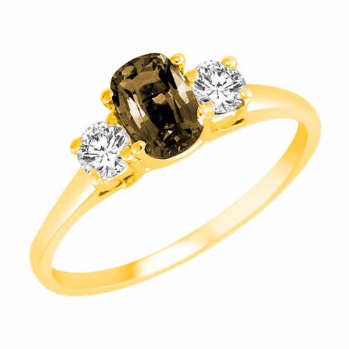 14K Yellow Gold 3 Stone Cushion Smoky Quartz and Round Diamond Ring (0.45 cttw)