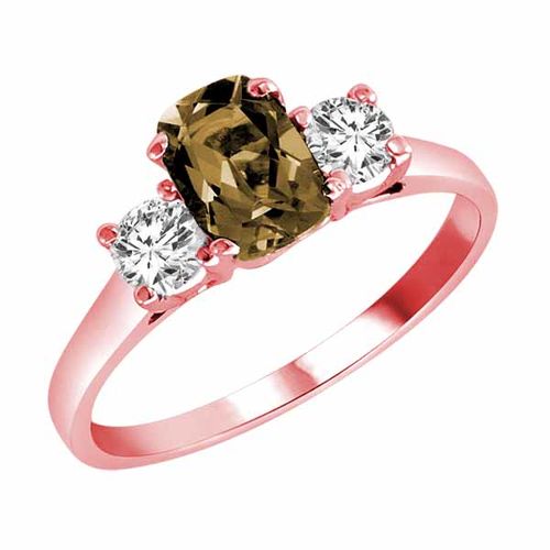 14K Rose Gold 3 Stone Cushion Smoky Quartz and Round Diamond Ring (0.95 cttw)