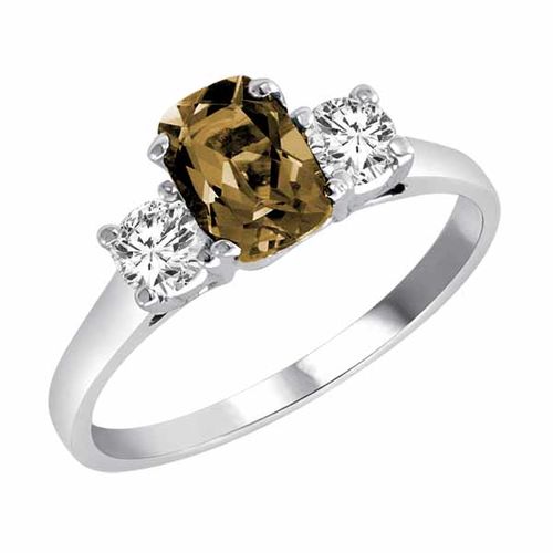 Platinum 3 Stone Cushion Smoky Quartz and Round Diamond Ring (0.95 cttw)