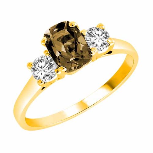 18K Yellow Gold 3 Stone Cushion Smoky Quartz and Round Diamond Ring (0.95 cttw)