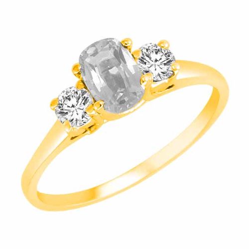 10K Yellow Gold 3 Stone Cushion White Quartz and Round Diamond Ring (0.45 cttw)