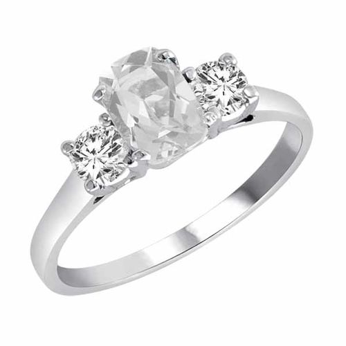 14K White Gold 3 Stone Cushion White Quartz and Round Diamond Ring (0.95 cttw)