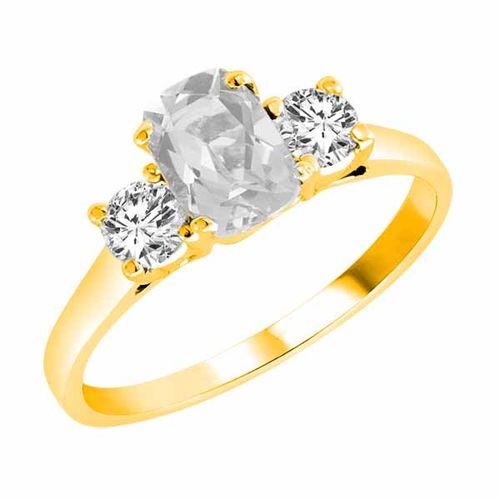14K Yellow Gold 3 Stone Cushion White Quartz and Round Diamond Ring (0.95 cttw)