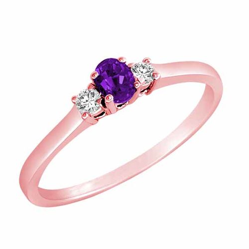 14K Rose Gold 3 Stone Oval Amethyst and Round Diamond Ring (0.25 cttw)