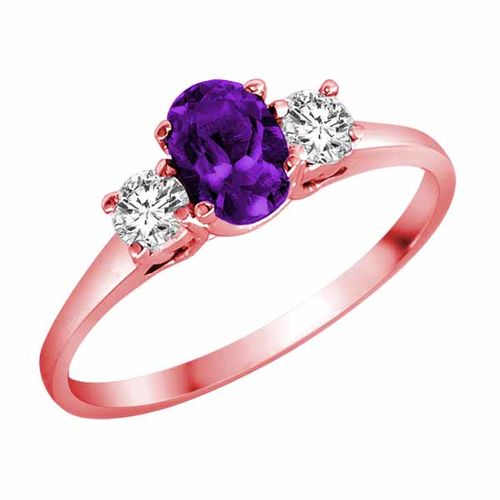 10K Rose Gold 3 Stone Oval Amethyst and Round Diamond Ring (0.45 cttw)