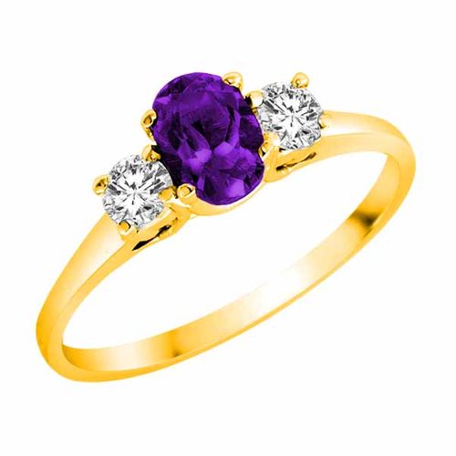 18K Yellow Gold 3 Stone Oval Amethyst and Round Diamond Ring (0.45 cttw)