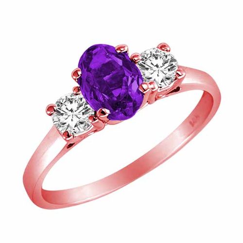 10K Rose Gold 3 Stone Oval Amethyst and Round Diamond Ring (0.95 cttw)