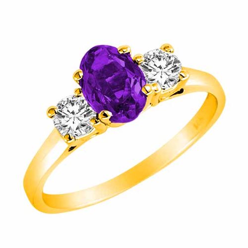 14K Yellow Gold 3 Stone Oval Amethyst and Round Diamond Ring (0.95 cttw)
