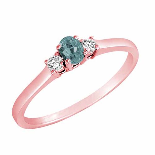 10K Rose Gold 3 Stone Oval Aquamarine and Round Diamond Ring (0.25 cttw)